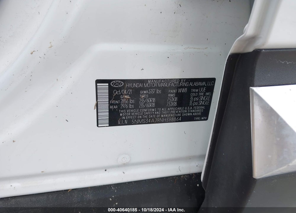 2022 HYUNDAI SANTA FE SEL VIN: 5NMS34AJ9NH398864