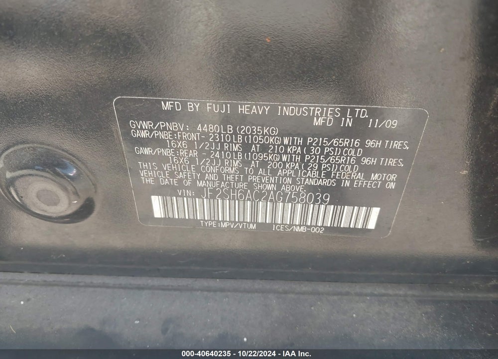 2010 SUBARU FORESTER 2.5X VIN: JF2SH6AC2AG758039