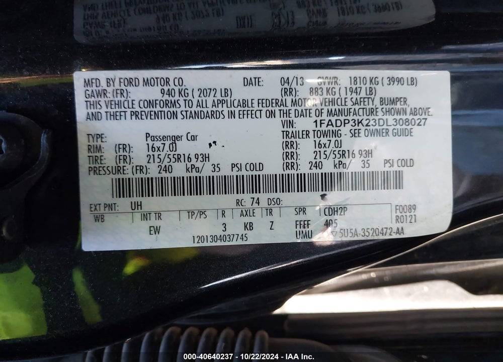 2013 FORD FOCUS SE VIN: 1FADP3K23DL308027