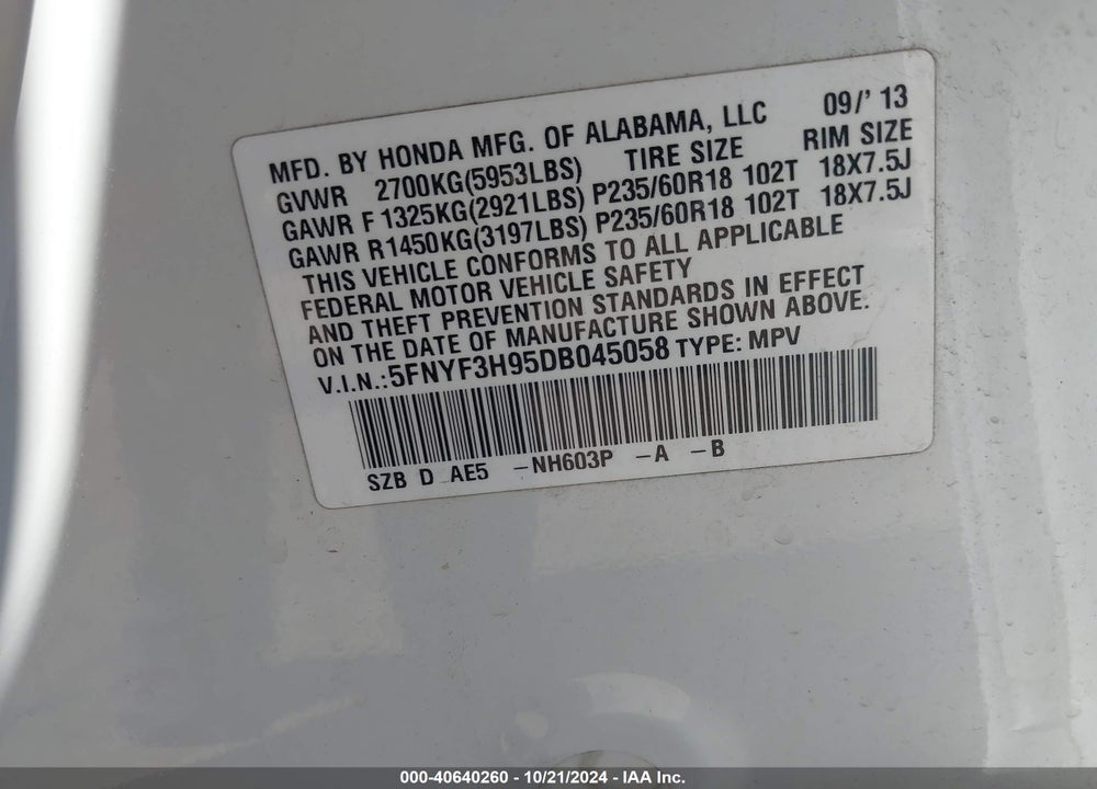 2013 HONDA PILOT TOURING VIN: 5FNYF3H95DB045058