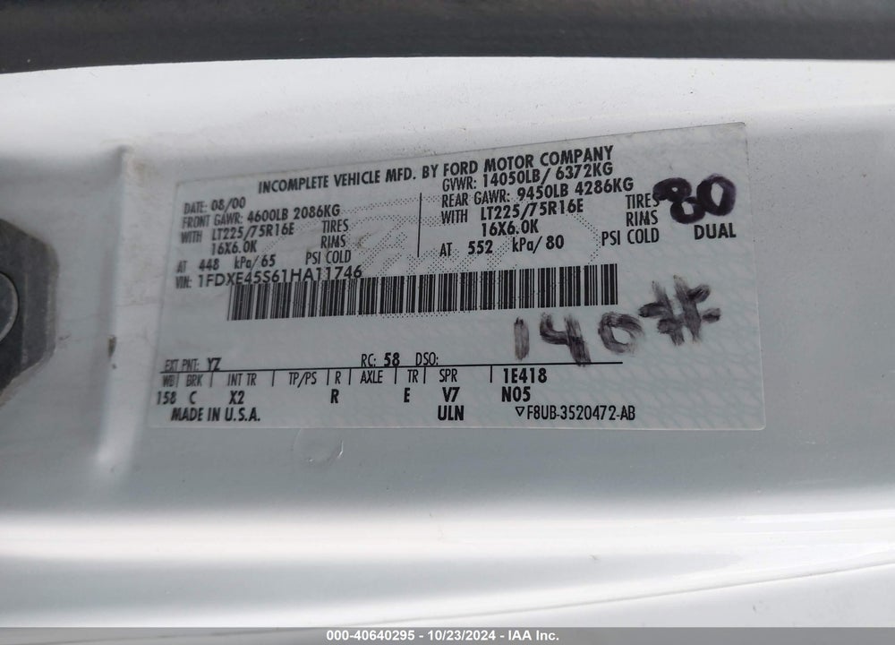 2001 FORD E-450 CUTAWAY STANDARD VIN: 1FDXE45S61HA11746