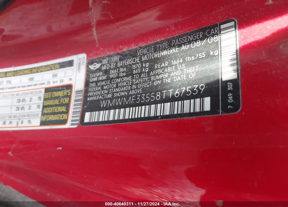 2008 MINI COOPER VIN: WMWMF33558TT67539