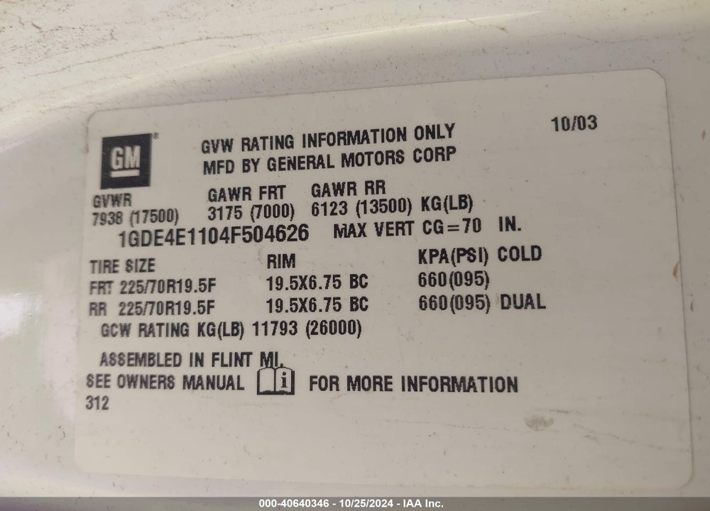 2004 GMC C4500 VIN: 1GDE4E1104F504626