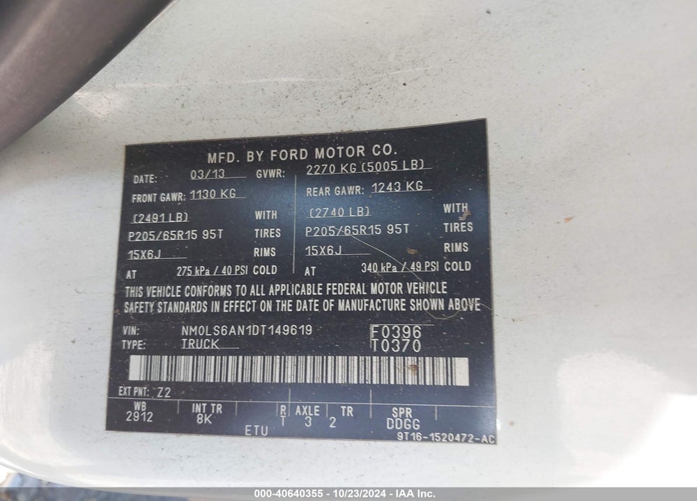 2013 FORD TRANSIT CONNECT XL VIN: NM0LS6AN1DT149619