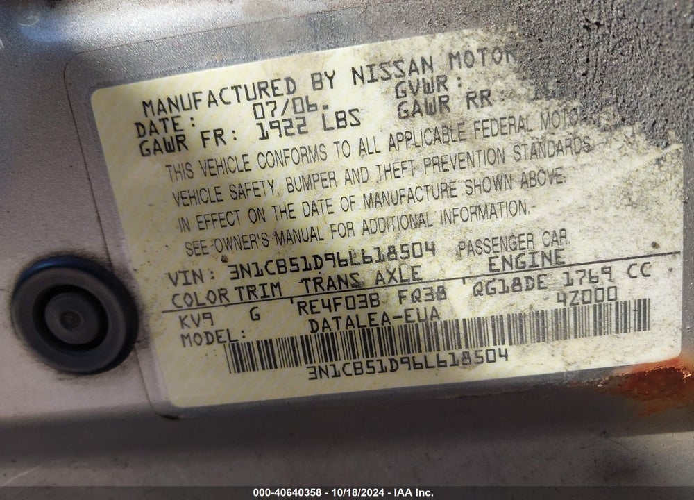 2006 NISSAN SENTRA 1.8S VIN: 3N1CB51D96L618504
