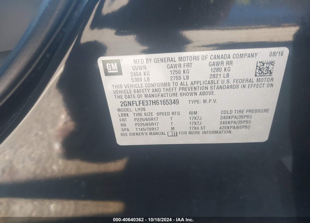 2017 CHEVROLET EQUINOX LT VIN: 2GNFLFE37H6165349