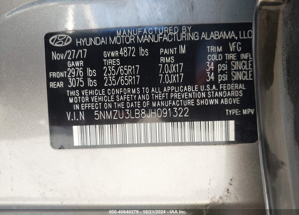 2018 HYUNDAI SANTA FE SPORT 2.4L VIN: 5NMZU3LB8JH091322