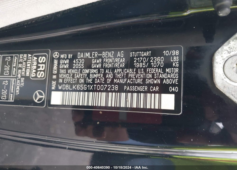1999 MERCEDES-BENZ CLK 320 VIN: WDBLK65G1XT007238