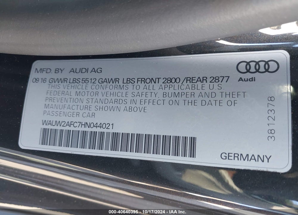 2017 AUDI A7 3.0T PREMIUM PLUS VIN: WAUW2AFC7HN044021