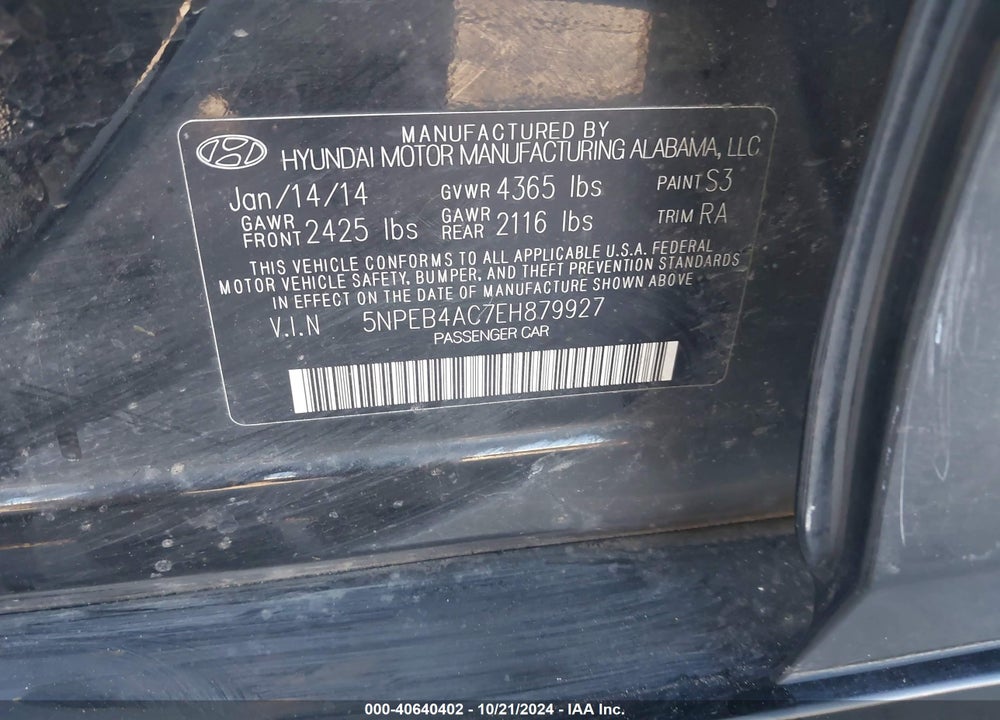 2014 HYUNDAI SONATA GLS VIN: 5NPEB4AC7EH879927