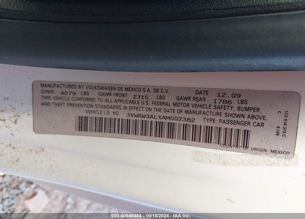 2010 VOLKSWAGEN NEW BEETLE 2.5L VIN: 3VWRW3ALXAM002382