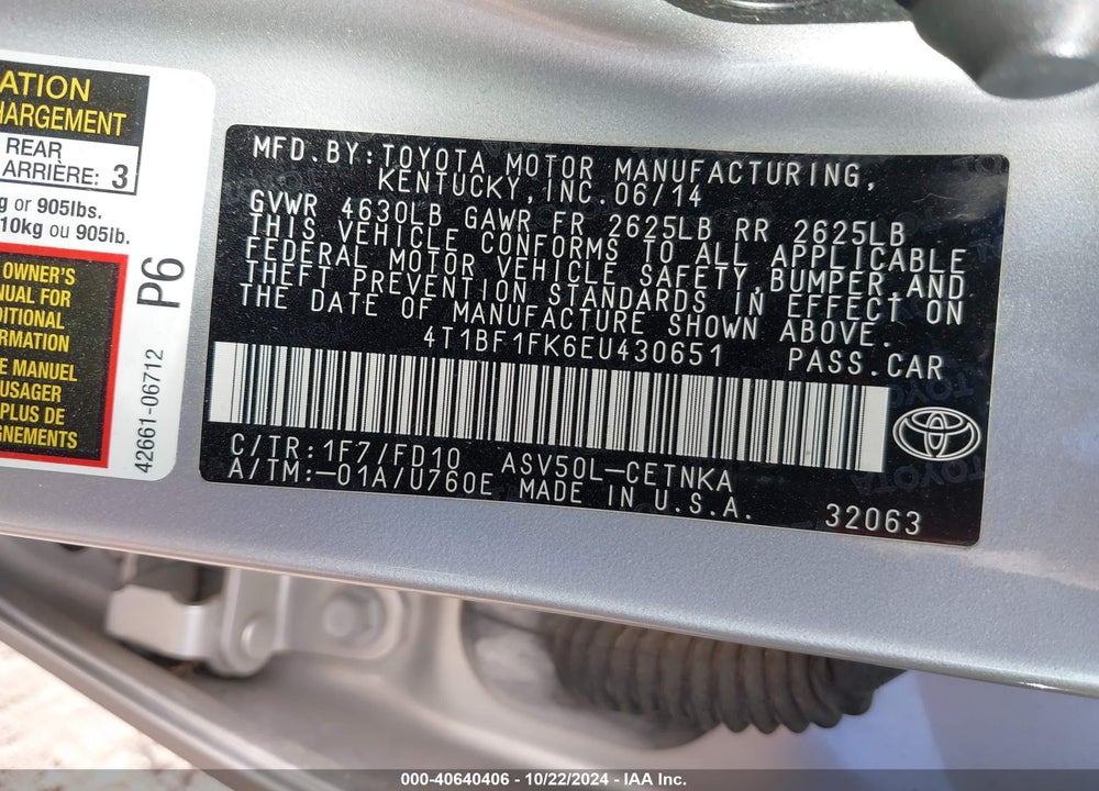 2014 TOYOTA CAMRY LE VIN: 4T1BF1FK6EU430651