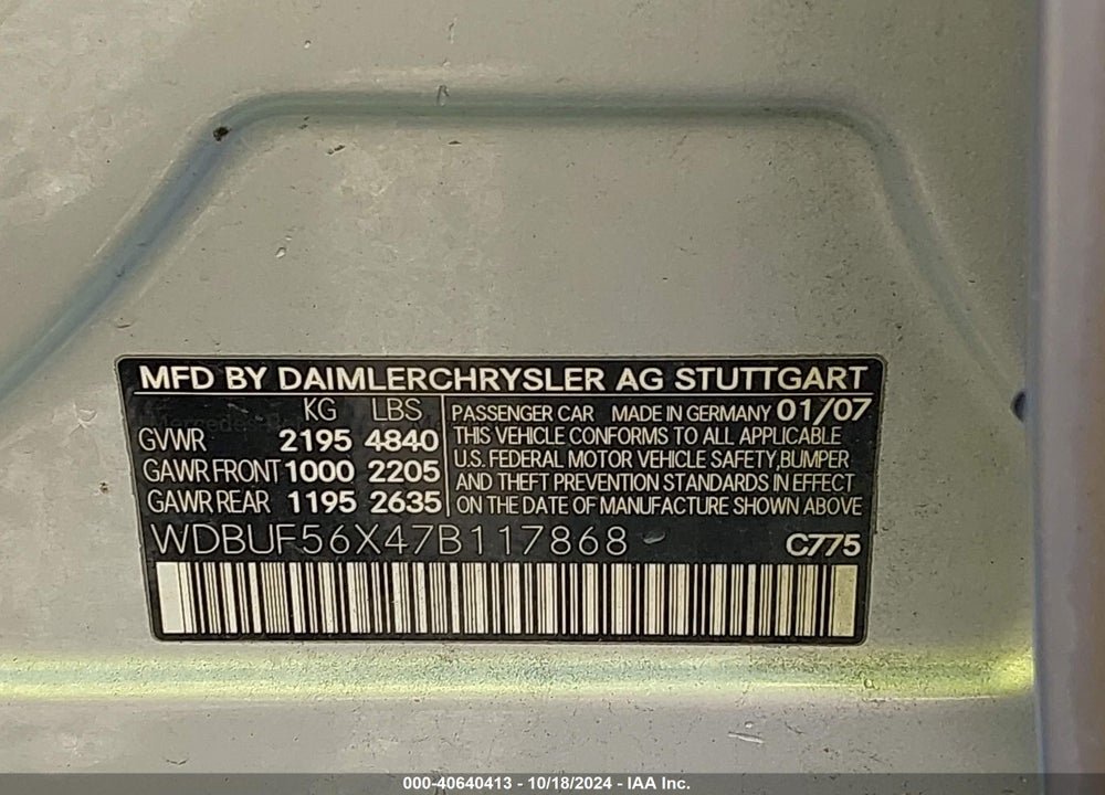2007 MERCEDES-BENZ E 350 VIN: WDBUF56X47B117868
