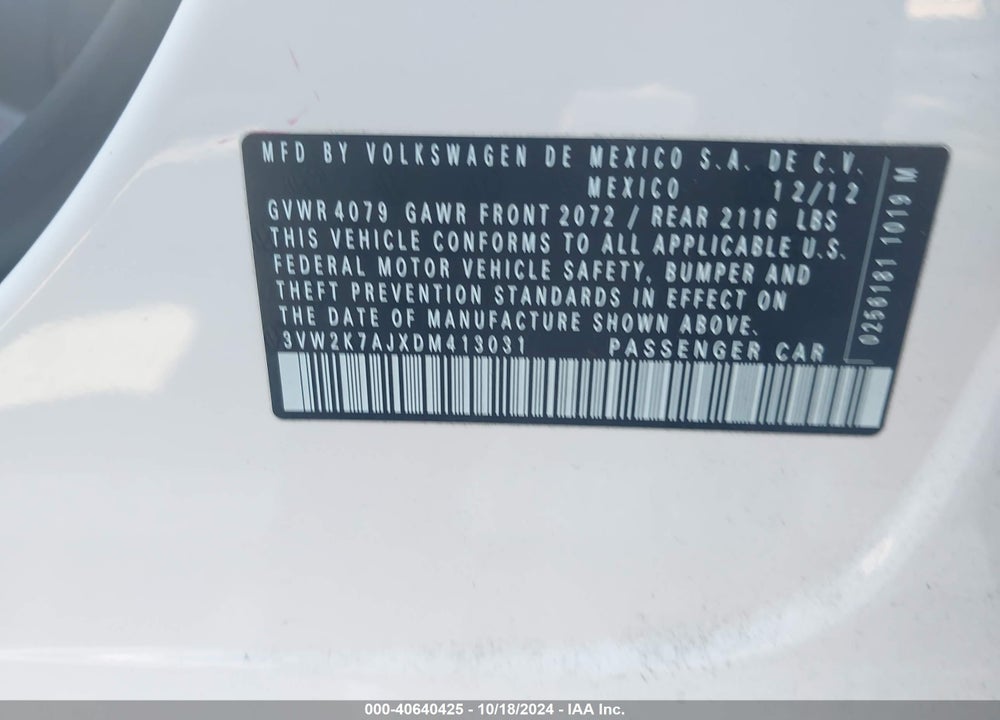 2013 VOLKSWAGEN JETTA 2.0L S VIN: 3VW2K7AJXDM413031