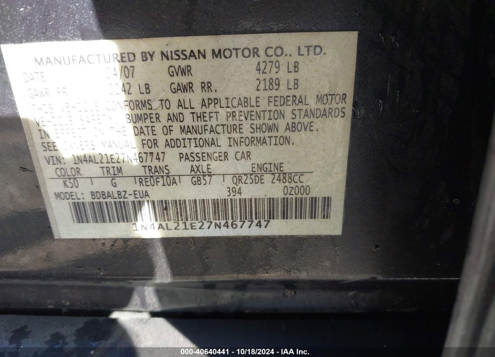 2007 NISSAN ALTIMA 2.5 S VIN: 1N4AL21E27N467747