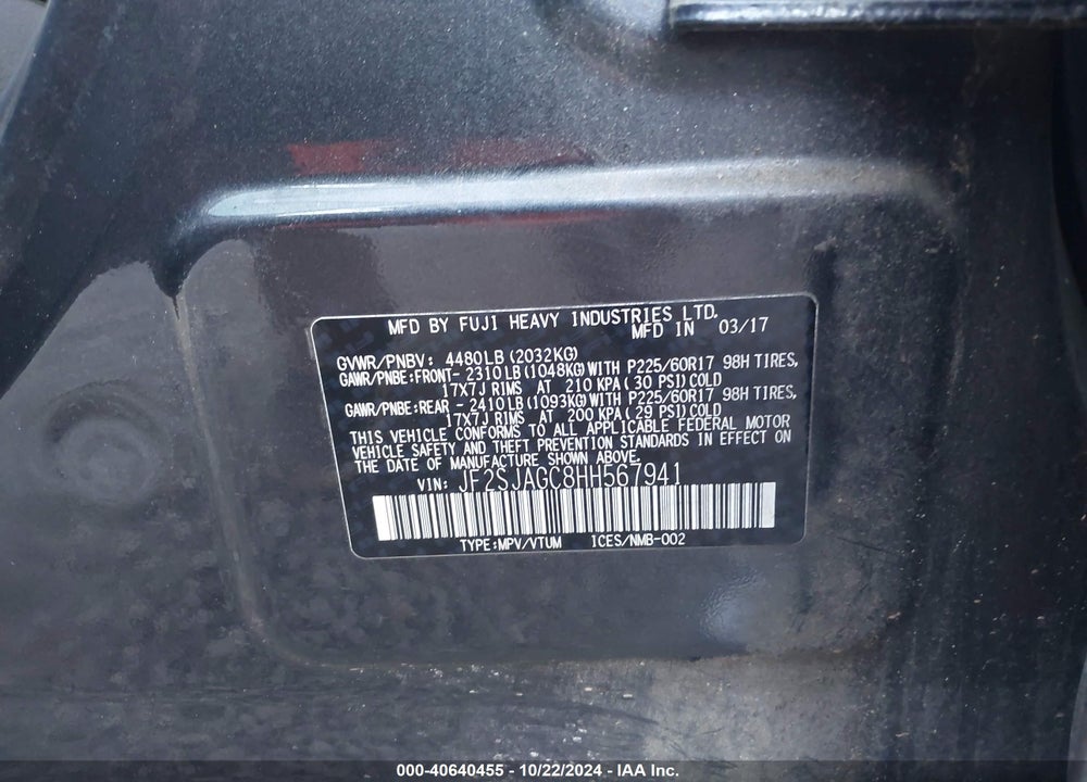 2017 SUBARU FORESTER 2.5I PREMIUM VIN: JF2SJAGC8HH567941