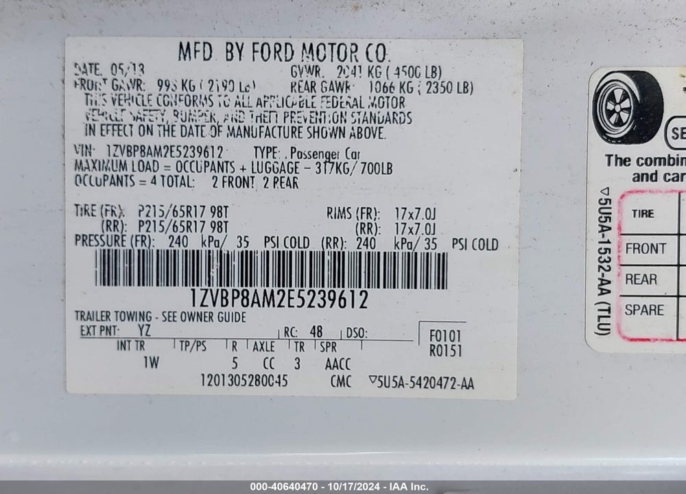 2014 FORD MUSTANG V6 VIN: 1ZVBP8AM2E5239612