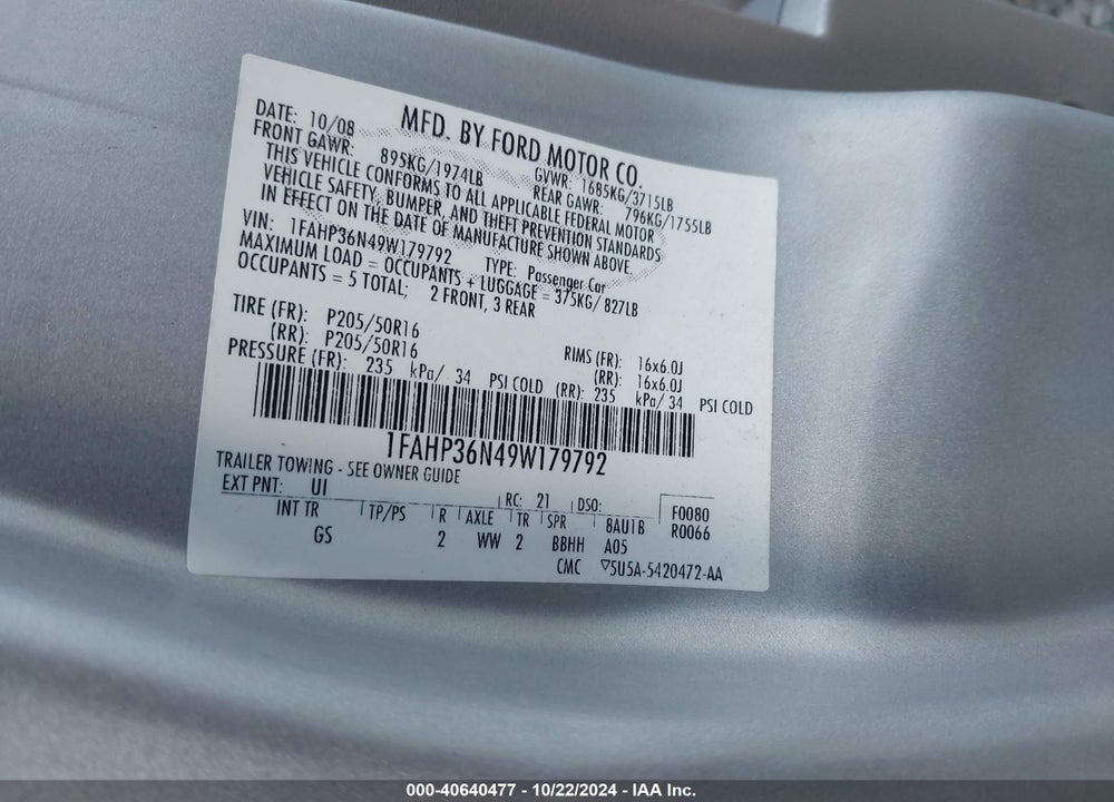 2009 FORD FOCUS VIN: 1FAHP36N49W179792