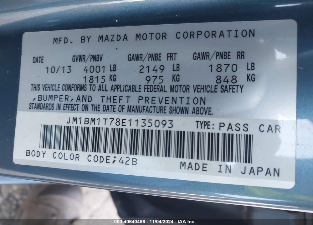 2014 MAZDA 3 I SV VIN: JM1BM1T78E1135093
