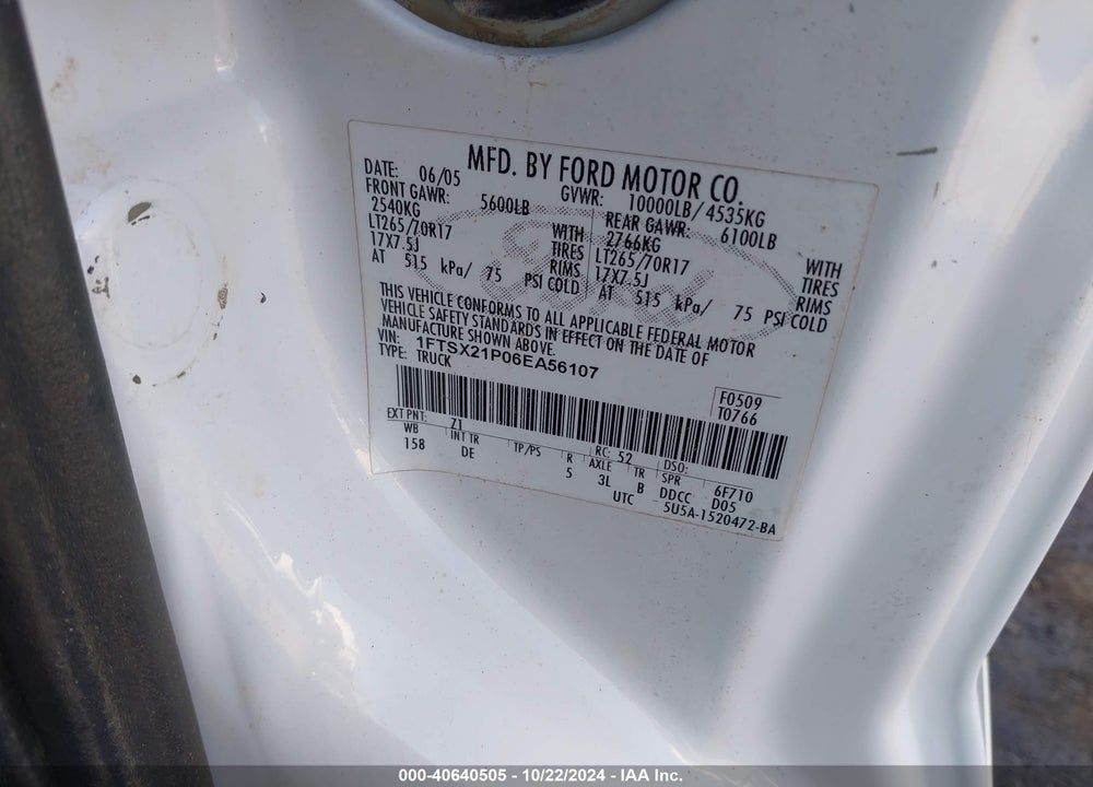 2006 FORD F-250 LARIAT/XL/XLT VIN: 1FTSX21P06EA56107