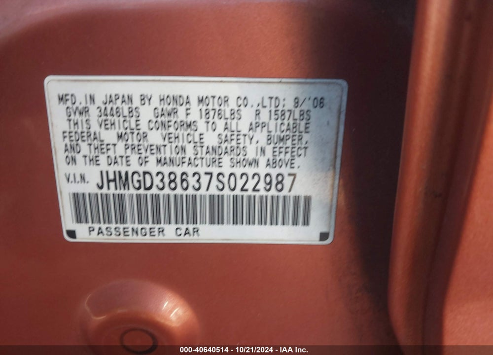 2007 HONDA FIT SPORT VIN: JHMGD38637S022987