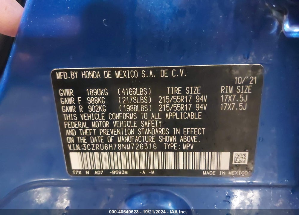 2022 HONDA HR-V AWD EX-L VIN: 3CZRU6H78NM726316