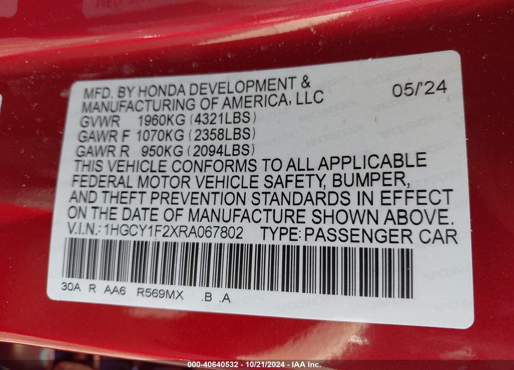 2024 HONDA ACCORD VIN: 1HGCY1F2XRA067802