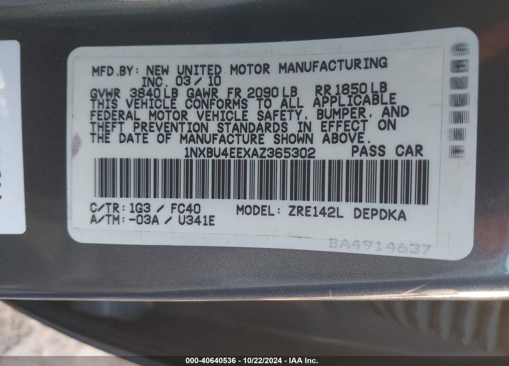 2010 TOYOTA COROLLA LE VIN: 1NXBU4EEXAZ365302