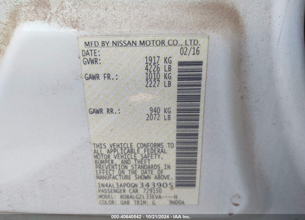 2016 NISSAN ALTIMA 2.5 S VIN: 1N4AL3AP0GN343905