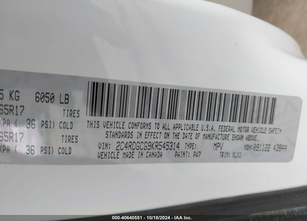 2019 DODGE GRAND CARAVAN SXT VIN: 2C4RDGCG9KR545314