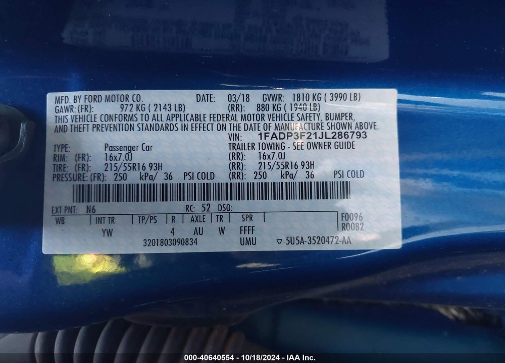 2018 FORD FOCUS SE VIN: 1FADP3F21JL286793
