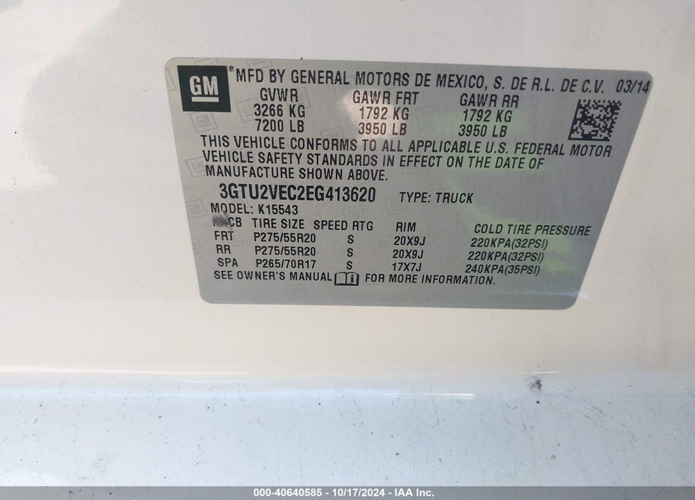 2014 GMC SIERRA 1500 SLT VIN: 3GTU2VEC2EG413620
