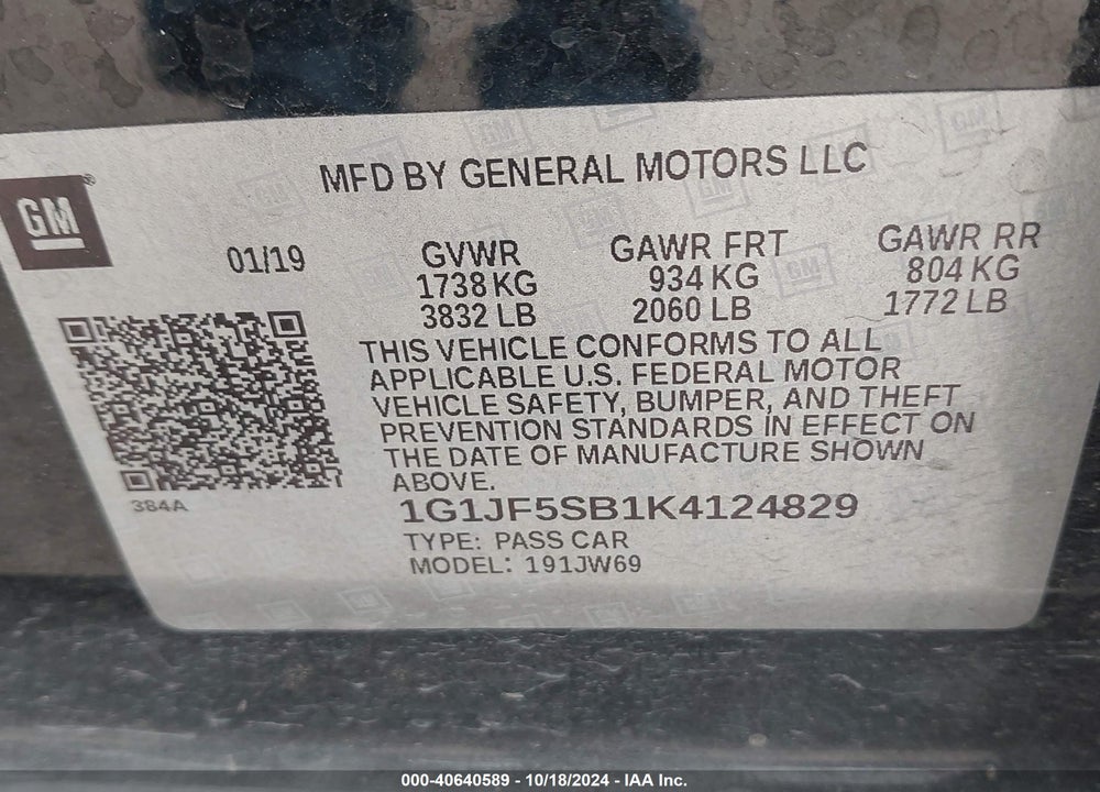 2019 CHEVROLET SONIC VIN: 1G1JF5SB1K4124829