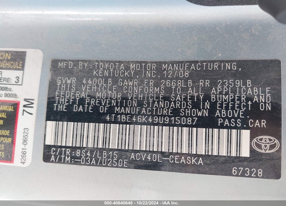2009 TOYOTA CAMRY SE VIN: 4T1BE46K49U915087