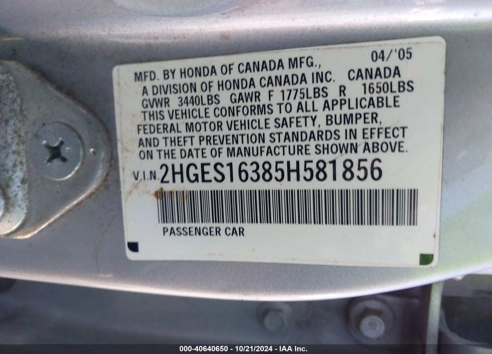 2005 HONDA CIVIC SDN VP VIN: 2HGES16385H581856