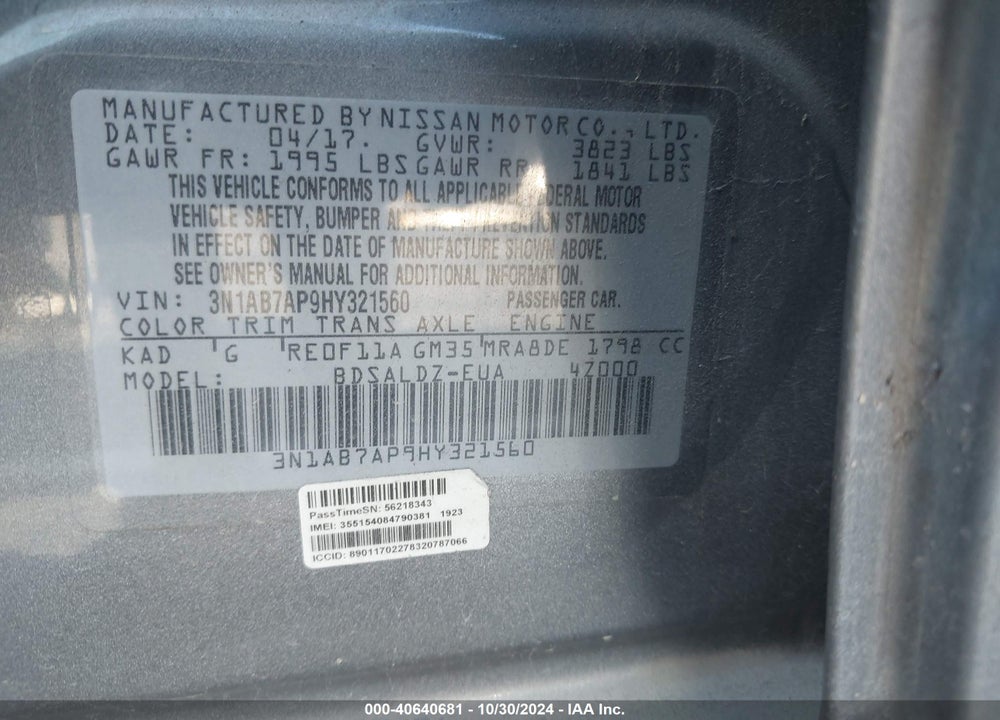 2017 NISSAN SENTRA SV VIN: 3N1AB7AP9HY321560