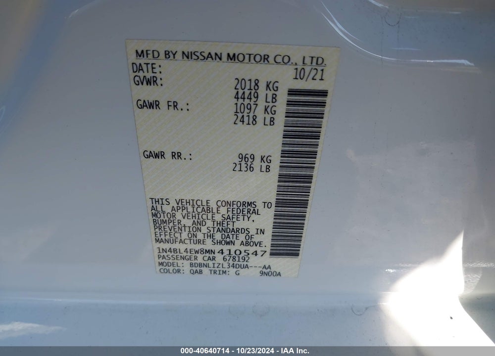 2021 NISSAN ALTIMA SL INTELLIGENT AWD VIN: 1N4BL4EW8MN410547
