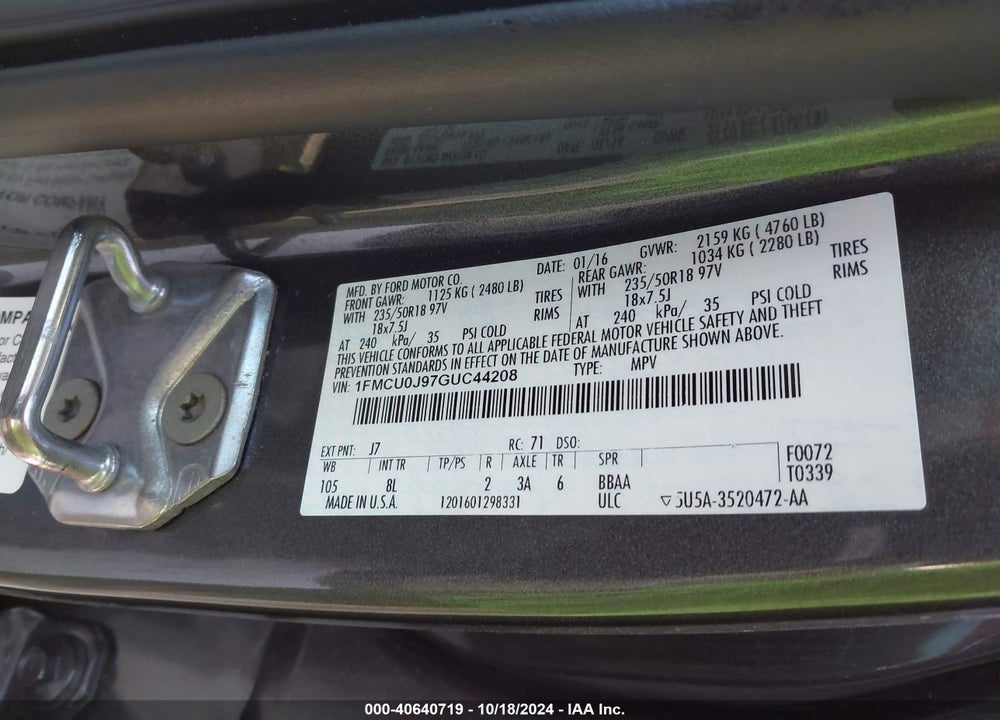2016 FORD ESCAPE TITANIUM VIN: 1FMCU0J97GUC44208
