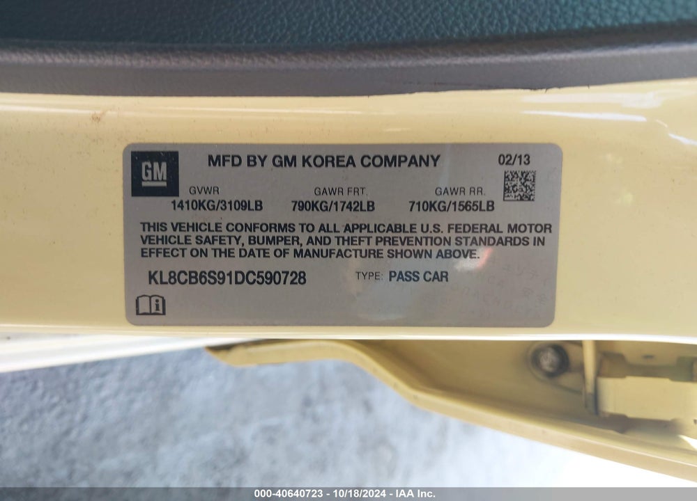 2013 CHEVROLET SPARK LS AUTO VIN: KL8CB6S91DC590728