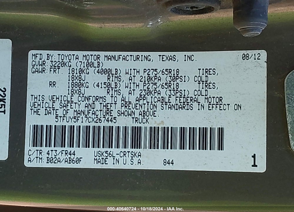 2012 TOYOTA TUNDRA GRADE 5.7L V8 VIN: 5TFUY5F17CX267445