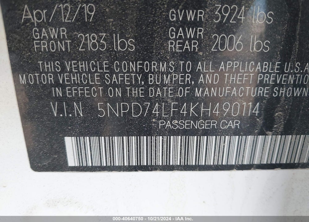 2019 HYUNDAI ELANTRA SE VIN: 5NPD74LF4KH490114