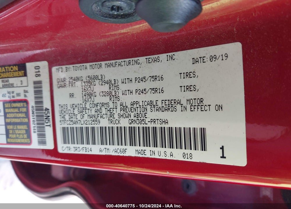 2020 TOYOTA TACOMA SR V6 VIN: 5TFCZ5AN7LX212559