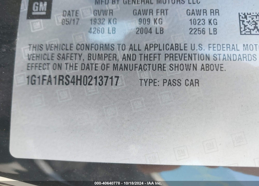 2017 CHEVROLET CAMARO 1LS VIN: 1G1FA1RS4H0213717
