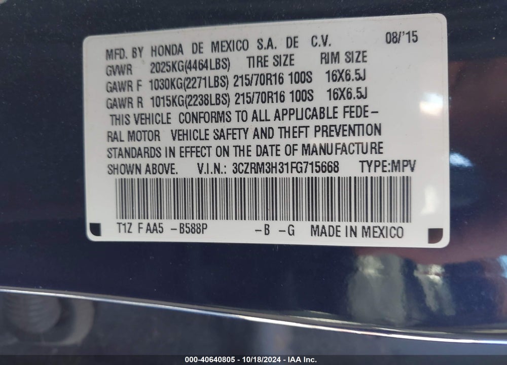 2015 HONDA CR-V LX VIN: 3CZRM3H31FG715668