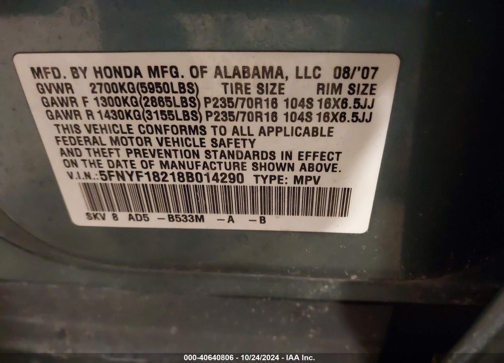 2008 HONDA PILOT VP VIN: 5FNYF18218B014290