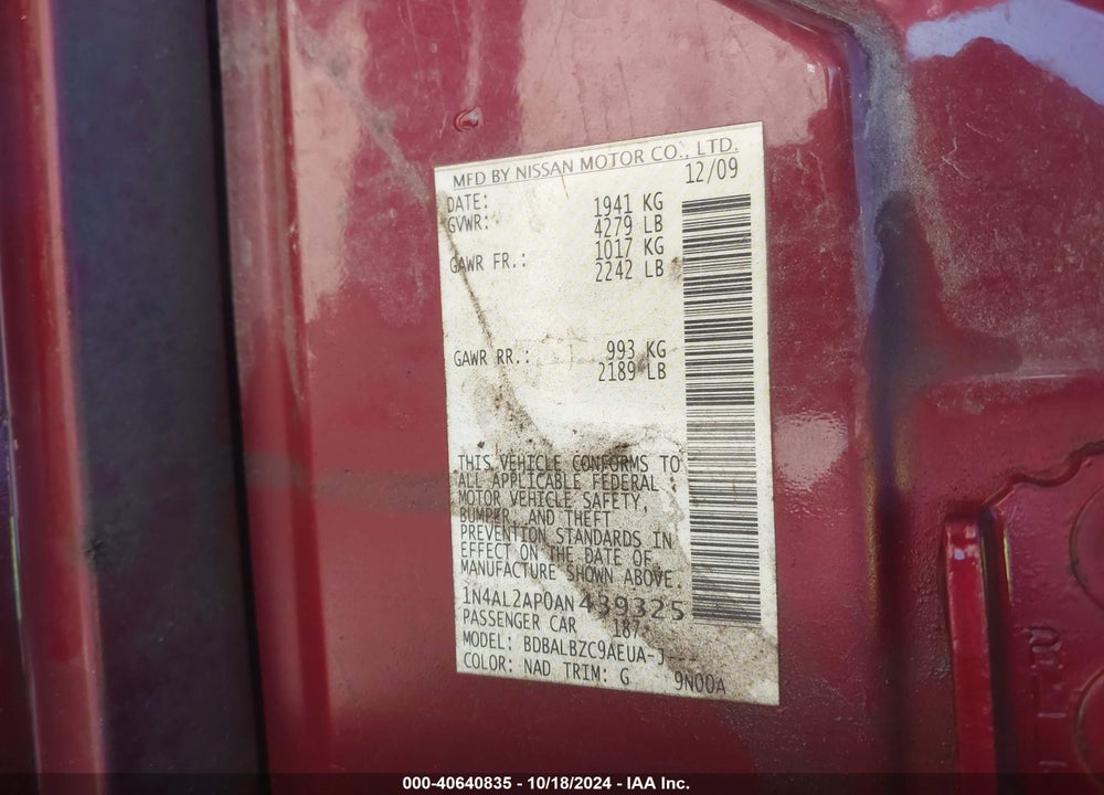 2010 NISSAN ALTIMA 2.5 S VIN: 1N4AL2AP0AN439325