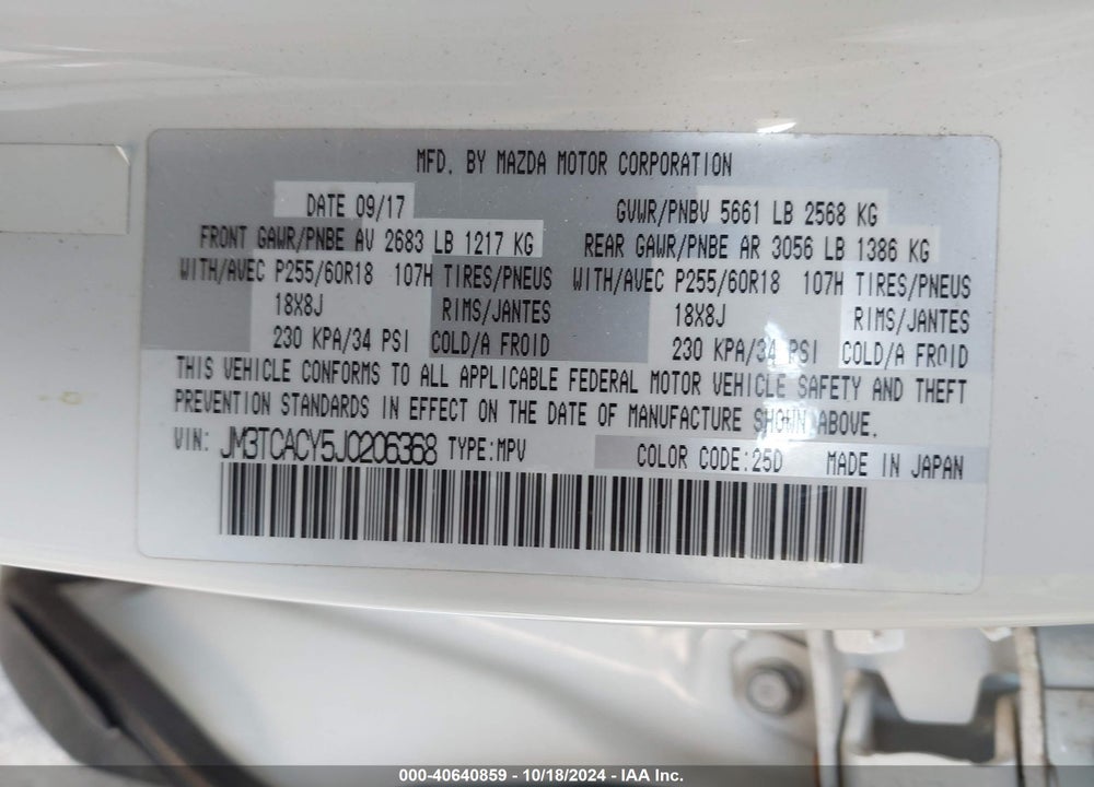 2018 MAZDA CX-9 TOURING VIN: JM3TCACY5J0206368