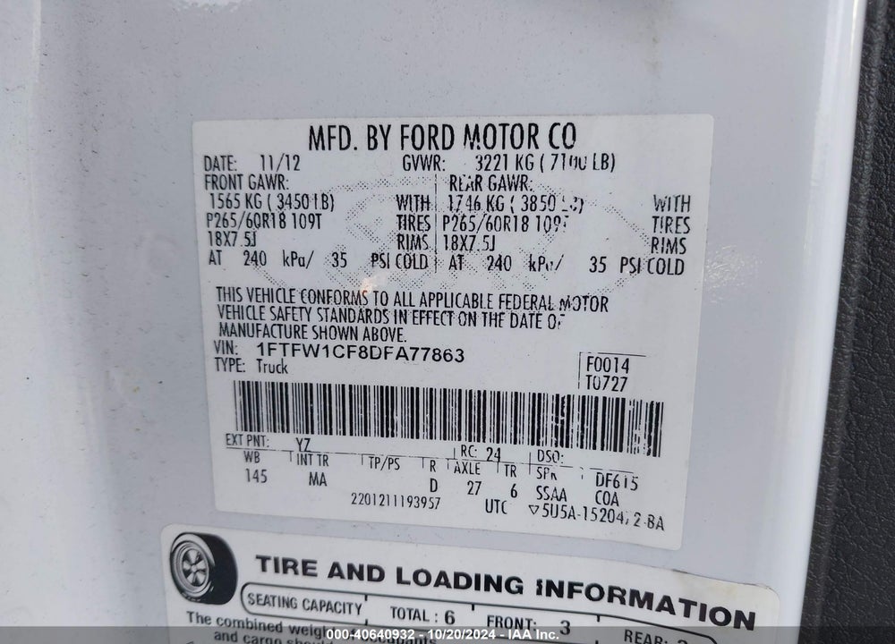 2013 FORD F150 VIN: 1FTFW1CF8DFA77863