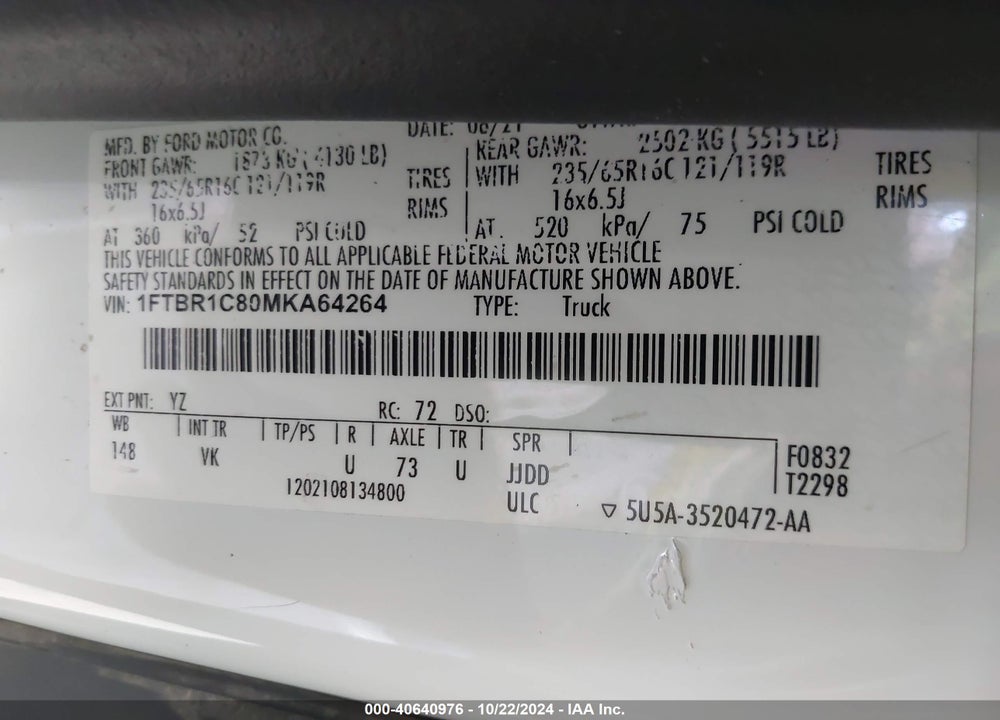 2021 FORD TRANSIT-250 CARGO VAN VIN: 1FTBR1C80MKA64264