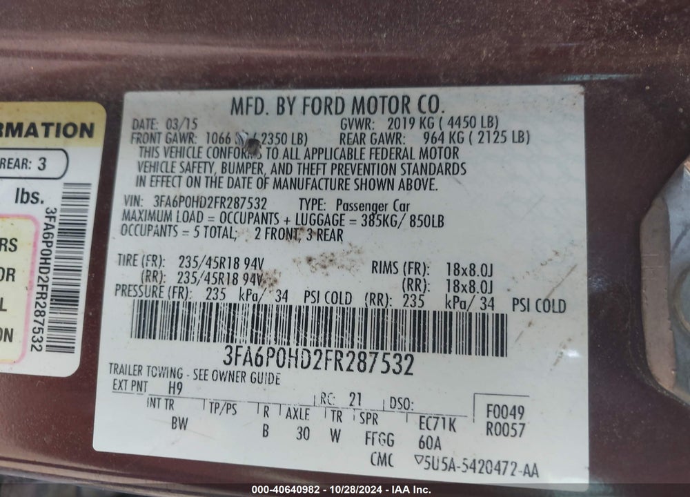 2015 FORD FUSION VIN: 3FABP0HD2FR287532